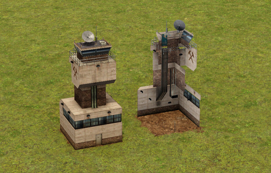 Two instances of Mine control tower rendered with the same setting of back-face culling. The right one was flipped along the horizontal axis and due to incorrect triangle winding order it looks “inside-out”