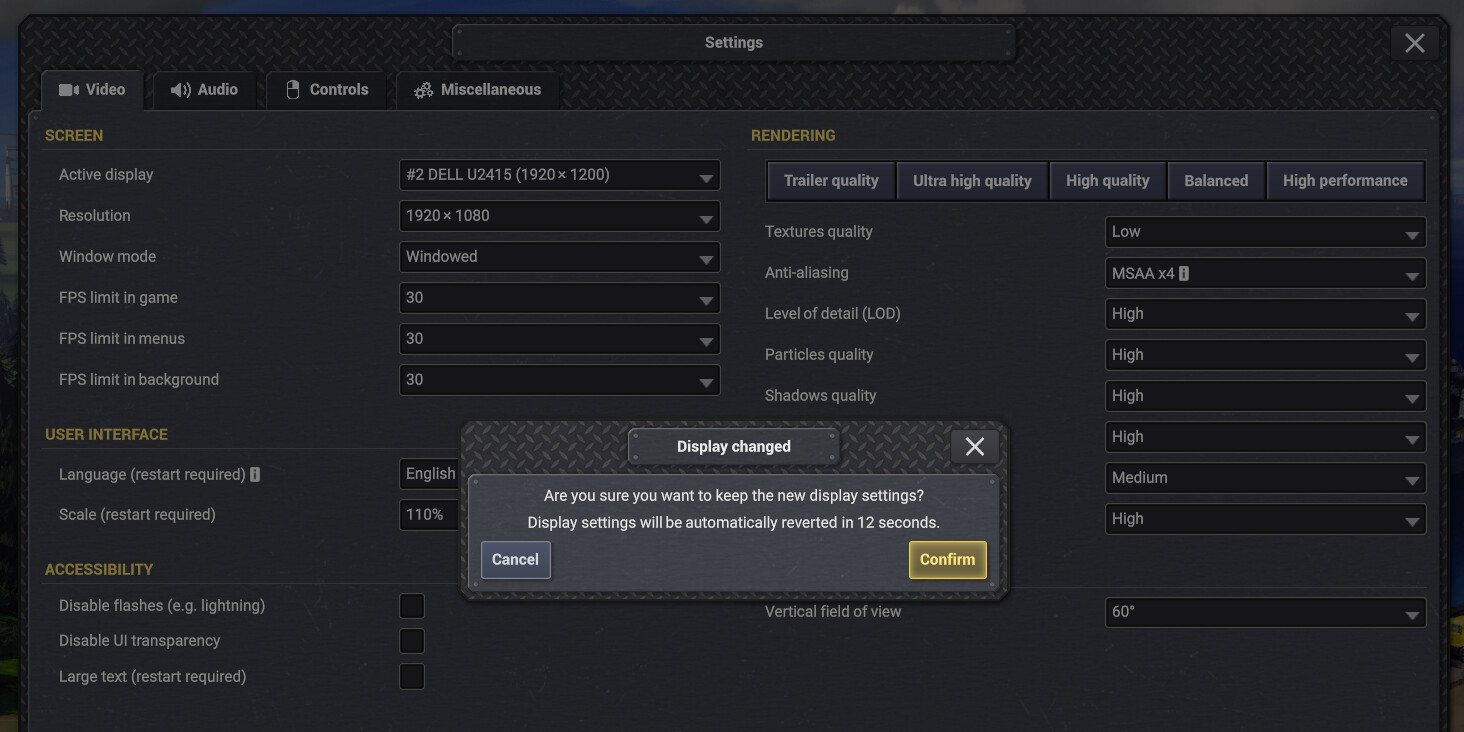 New confirmation dialog shown after display is changed.