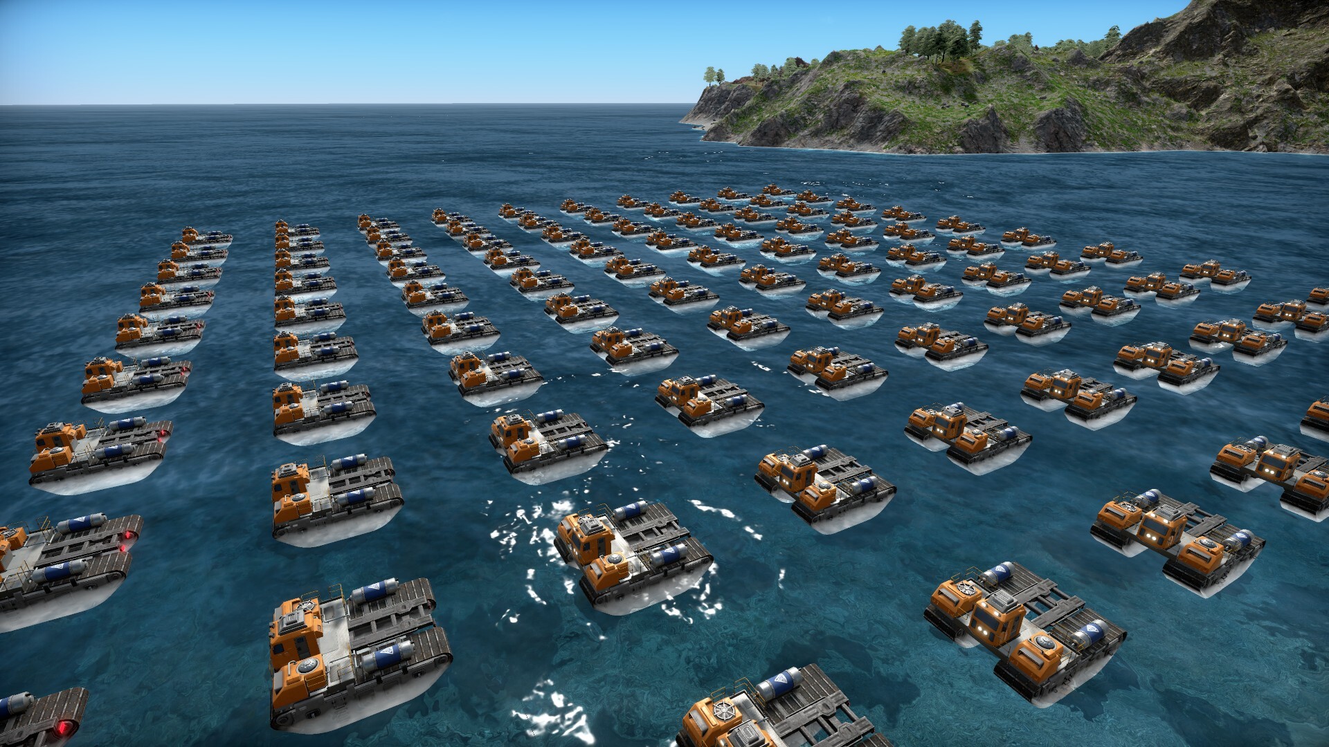 Amphibious vehicles on the old and flat version of the ocean.