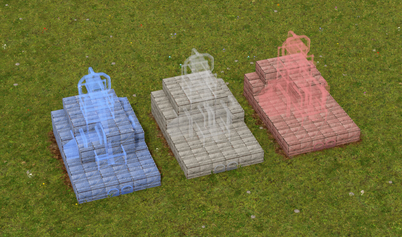 New construction coloring for buildings. Blue (left) is a furnace under construction, gray (middle) is paused construction, and red (right) is a furnace under deconstruction.