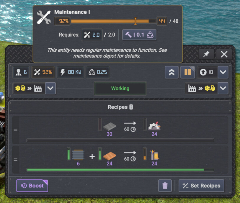 An example of a maintenance floating panel that appears on hover.