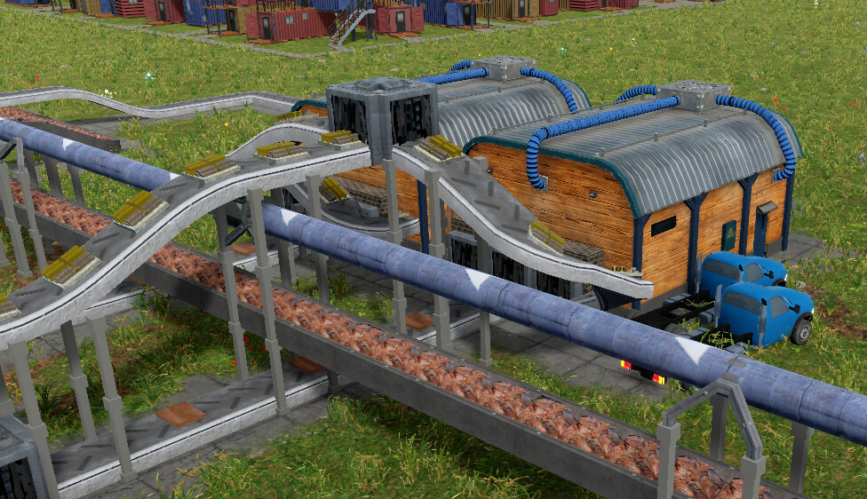 Notice how pillars are now shared by multiple transports and transports can be even above each other. The pillar in the middle of the image supports a conveyor on top, pipe below it, u-shape conveyor below pipe, and is not interfering with the conveyor on the ground.