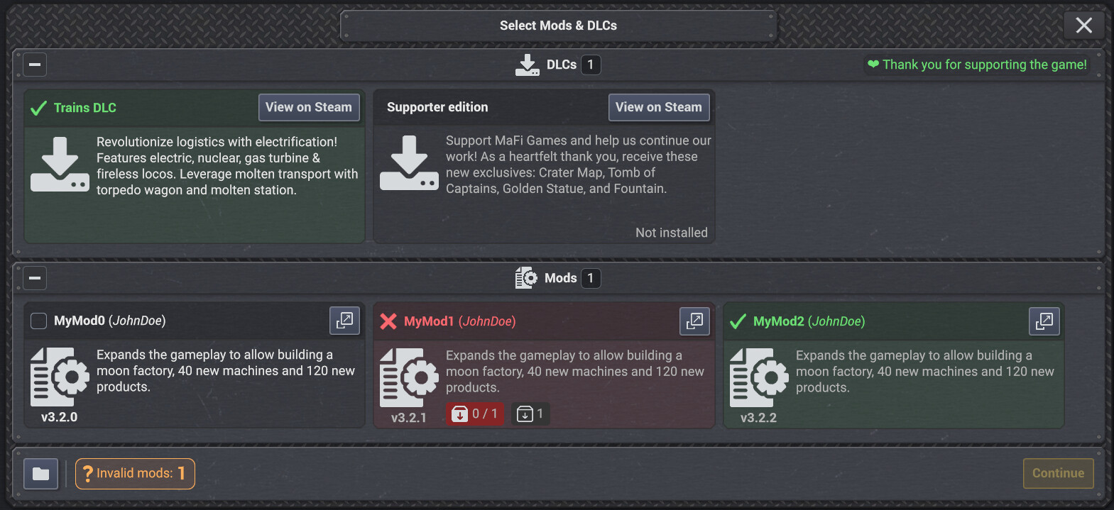 New mods screen for new and loaded games. We now support dependencies between mods. The new UI also much more clearly explains any issues with mods or their loading.