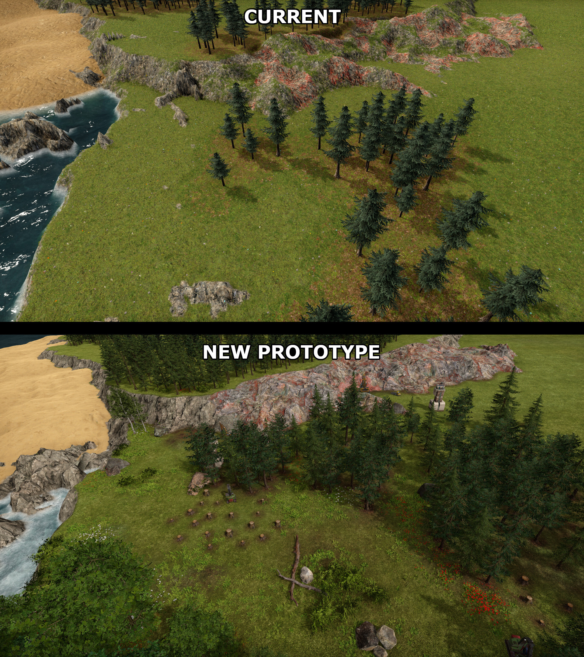 Comparison of current terrain in the game (top) and our new terrain prototype with new props and textures (bottom).