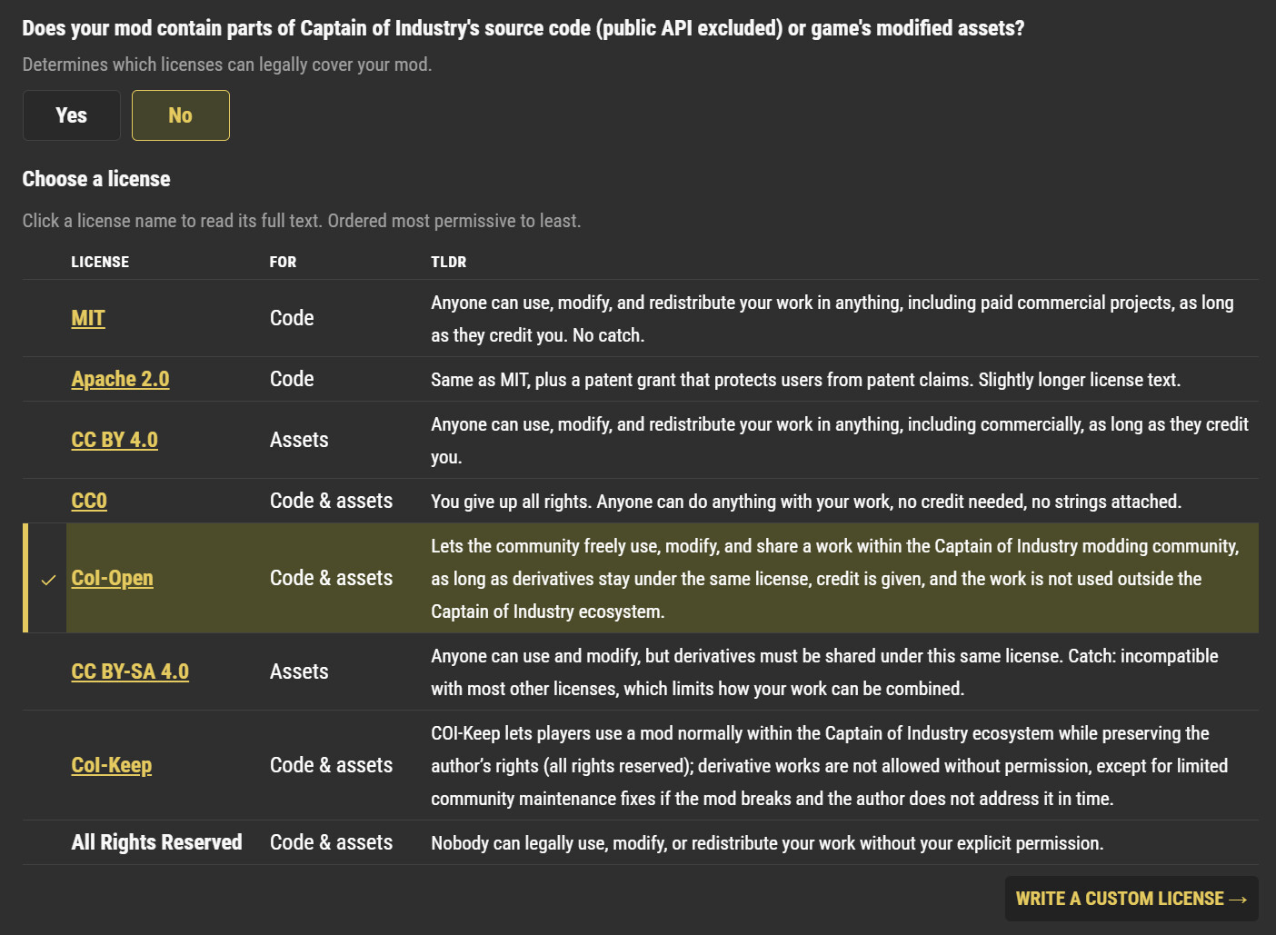 License selection screen on COI Hub.