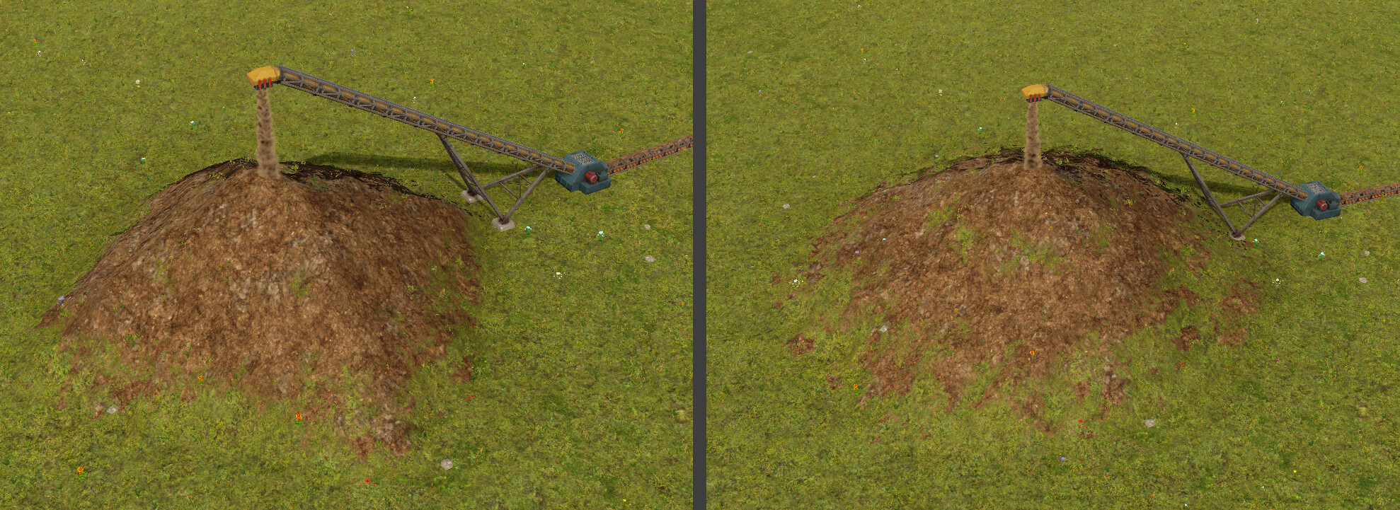 A comparison between old 4-way (left) and new 8-way (right) terrain physics. Notice that the old pile has a pyramid shape.