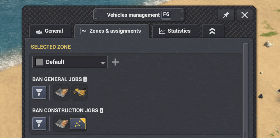 The Zones & Assignments tab lets you block specific truck types from regular or construction jobs. Amphibious trucks also have a special option: they’ll only take construction jobs if regular trucks can’t reach the site.