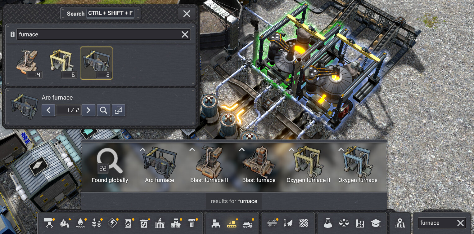 Clicking the result we get the window which allows you to cycle around the map and see all the entities found. You can also open this window anytime via a shortcut.