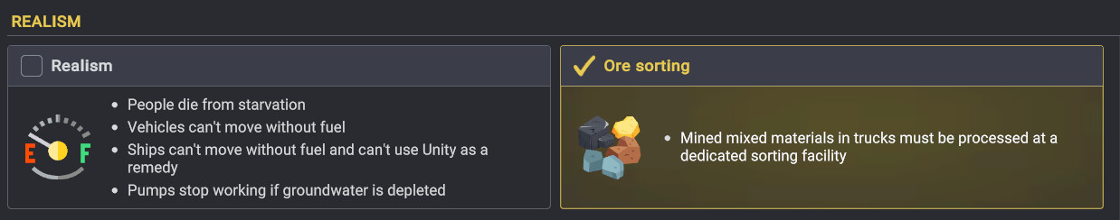 Ore sorting can be enabled in the new mechanics' selection screen.