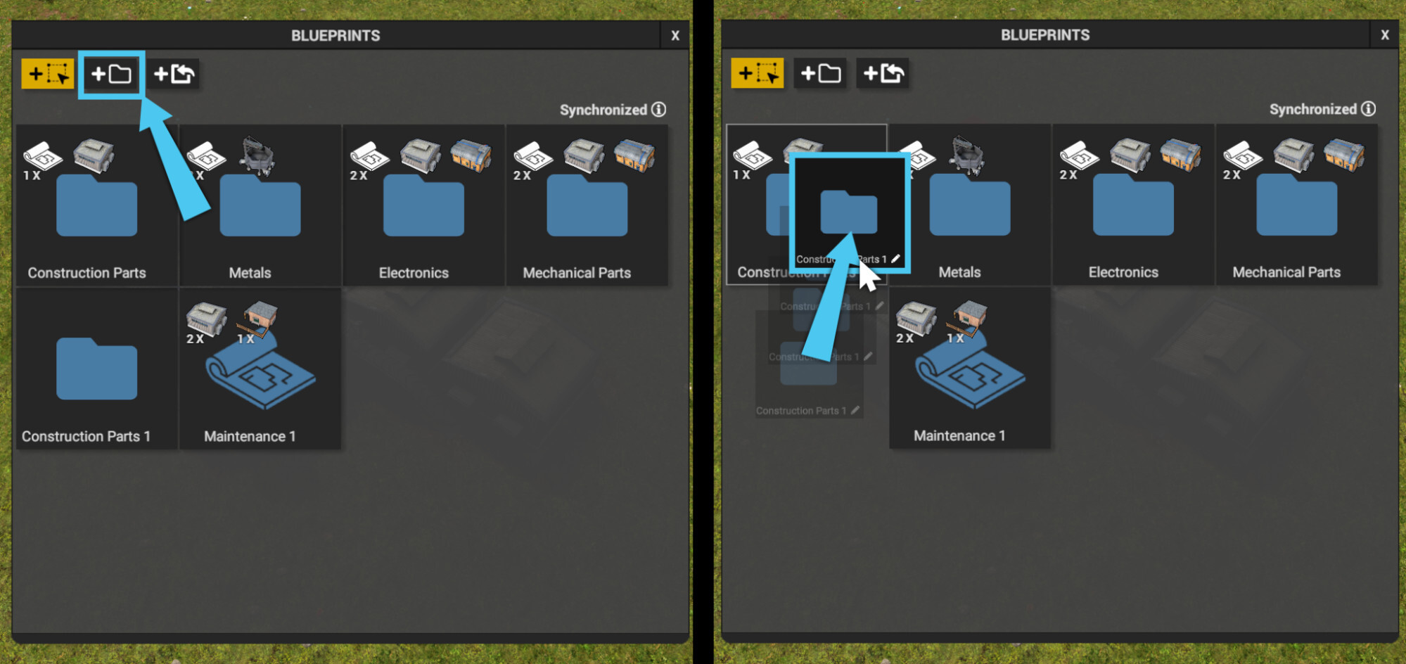 Create folders by clicking the New Folder button (left). Drag and drop blueprints and other folders onto folders to arrange (left)