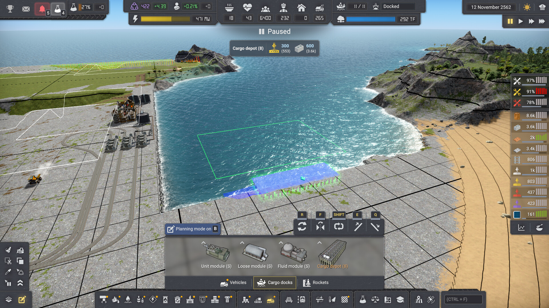The new way of placing docks. Only the area directly in front of the dock needs to be open ocean, and the rest is left for pathfinding ships. If they cannot find a path to their assigned dock, they will notify you.