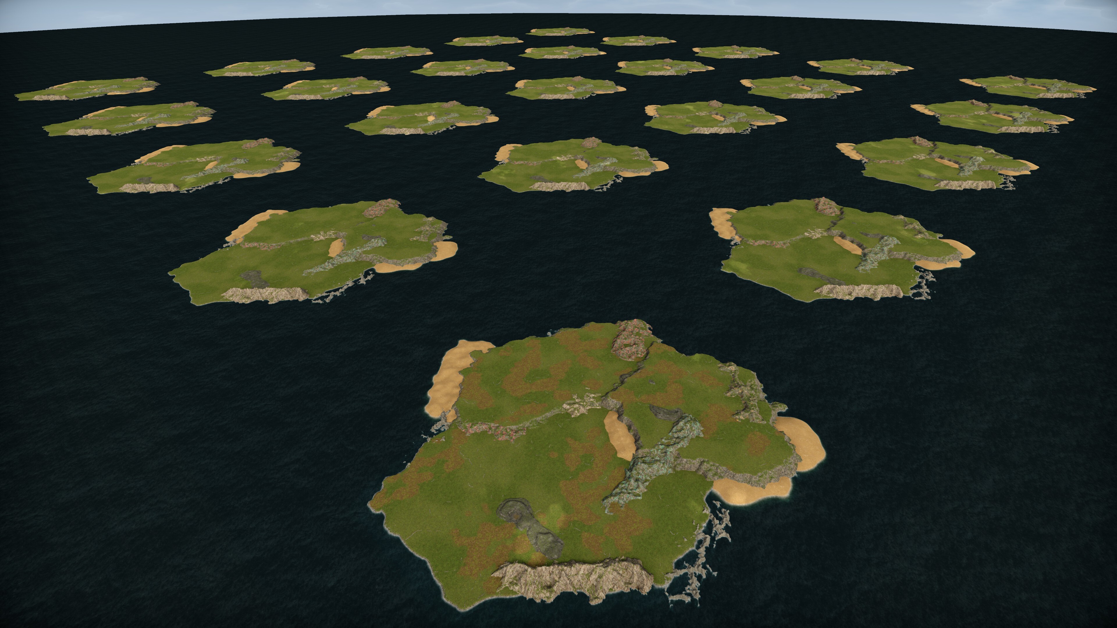 Array of 25 New havens used for terrain rendering performance testing. This map has an area of  approximately 50 million tiles, or 200 km^2, or 124 mi^2.