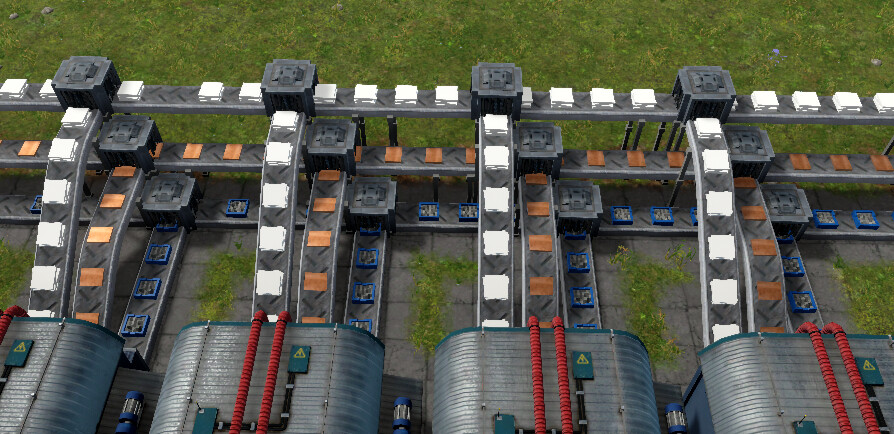 Assemblers connected to staggered transports. This was not possible before