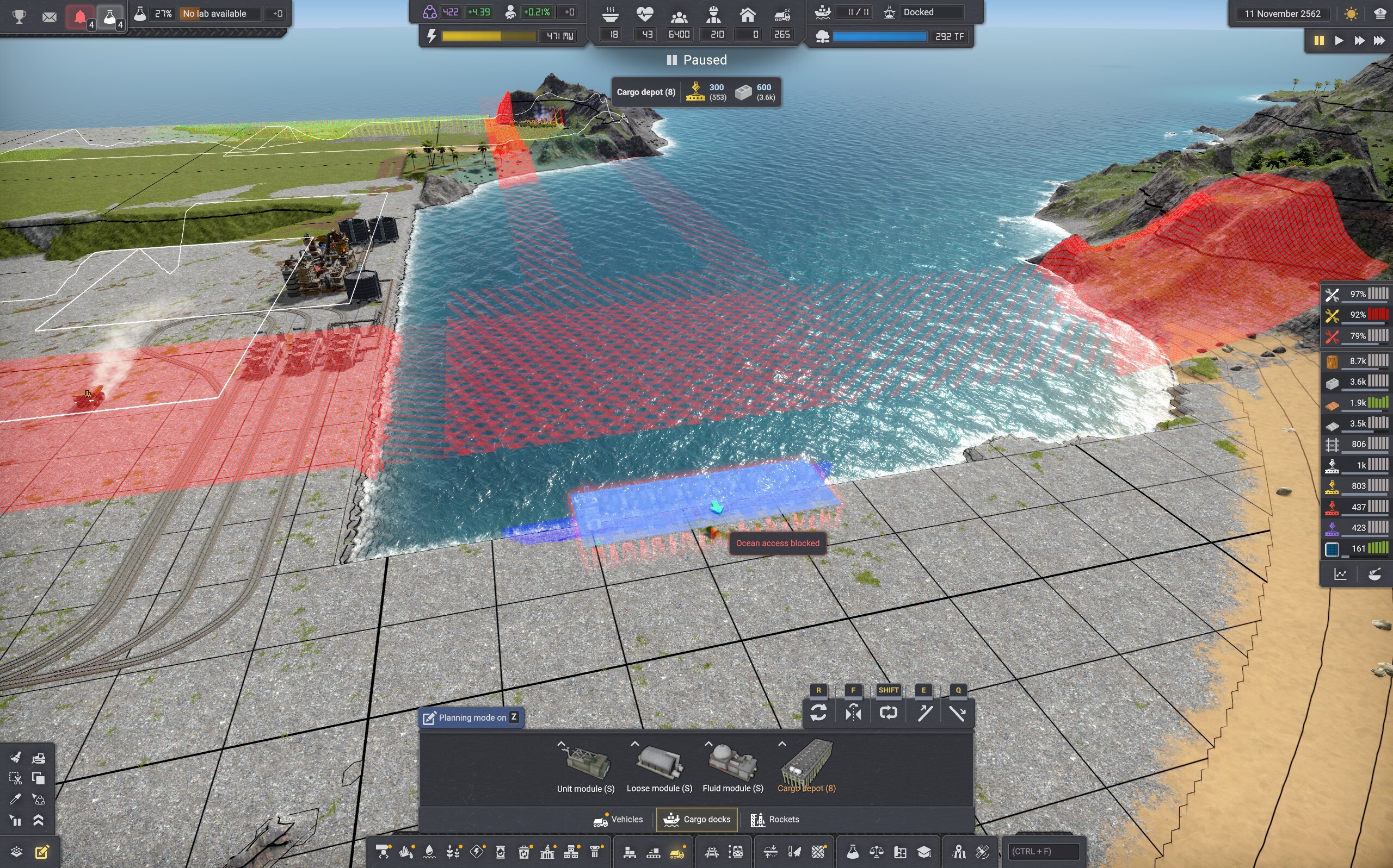 The old way of placing docks. The three predefined ways of ship approach are all blocked so the dock cannot be constructed. Also, new players often did not understand what the areas mean.