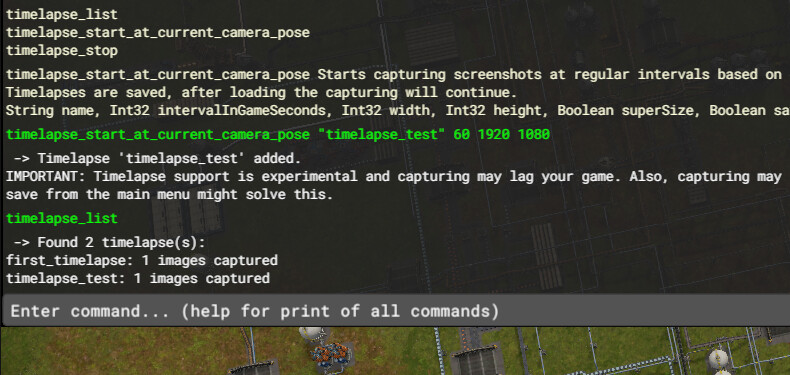 An example console command that starts timelapse capturing in game.