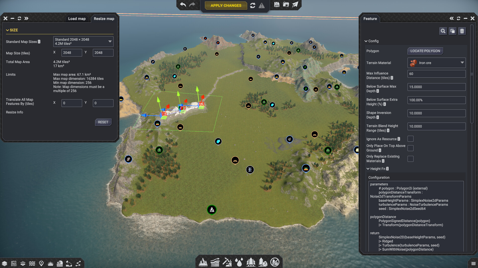 Map editor showing a work-in-progress map with editable features and their configuration.