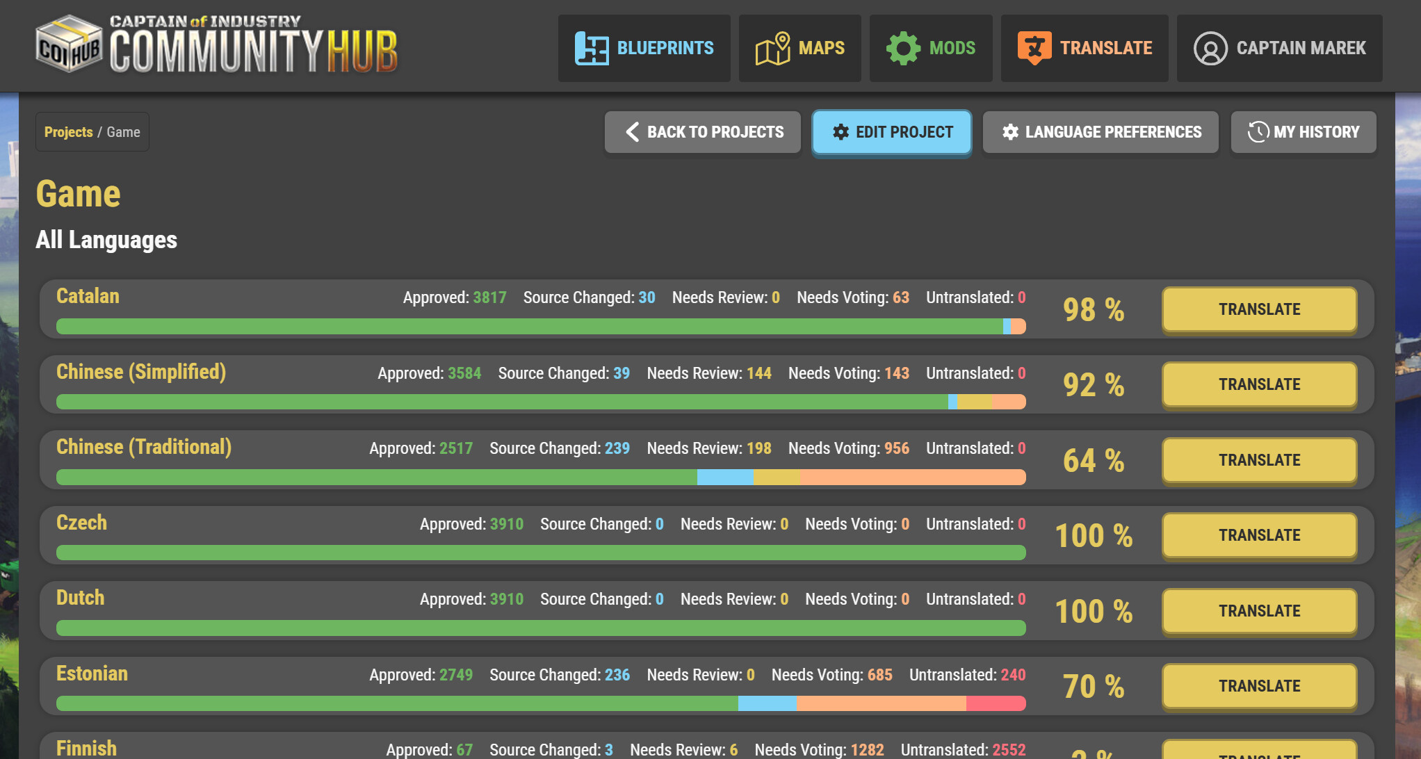 Screenshots of a list of available languages in our new translation system.