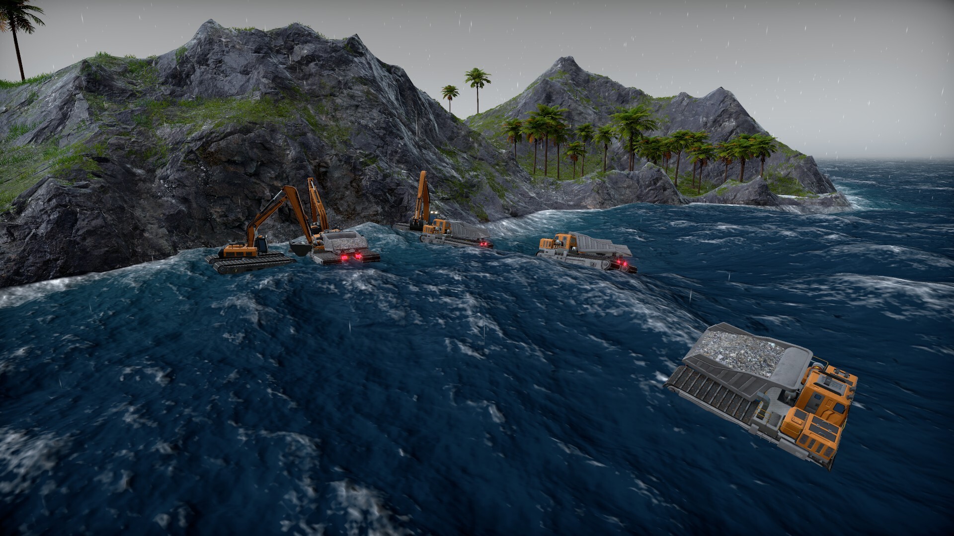 Work doesn't stop even when the sea is rough. EOU note: The union will provide seasickness pills to amphibious operators. Side effects may include bravery, mild swagger, and believing your excavator can crab-walk.