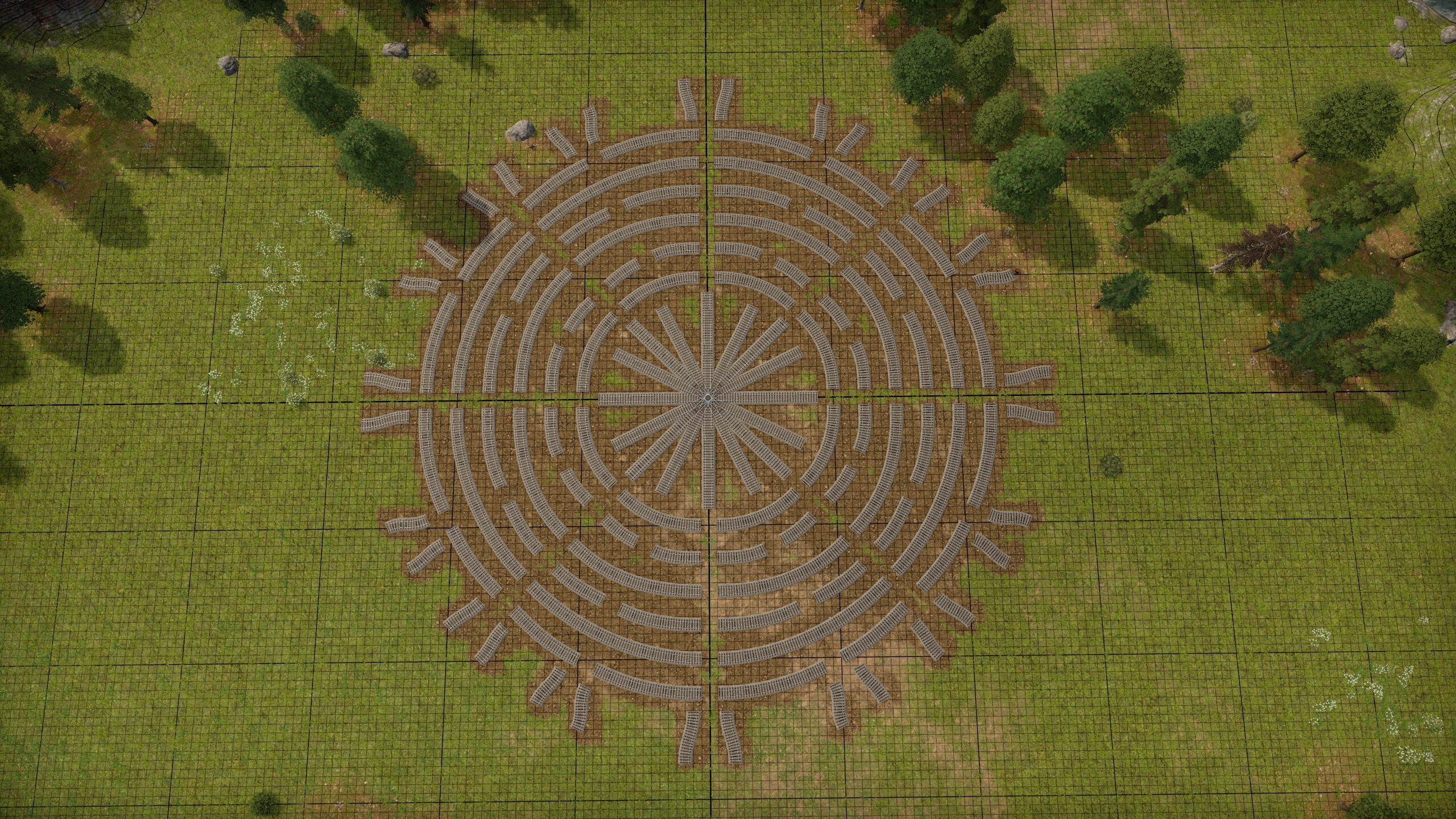 All track flat track pieces laid out in a pattern we internally call the “sun”. Note that this does not include straight and curved ramps.