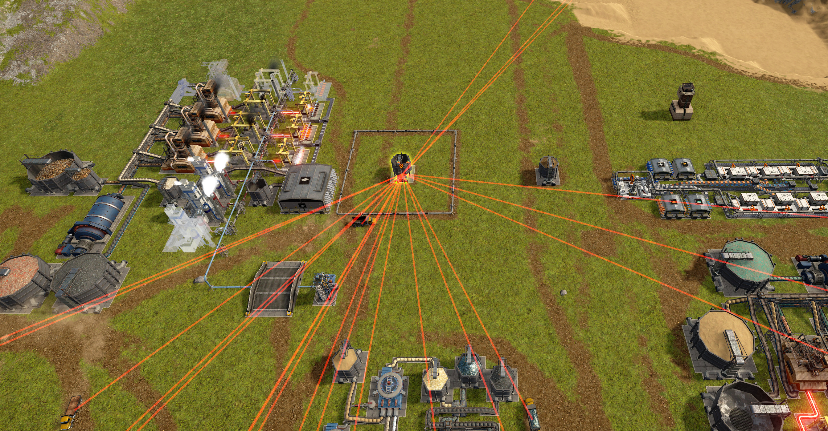 In update 2, clicking on the unreachable storage silo highlights all the vehicles that failed to navigate to it. These vehicles will occasionally re-test the path.