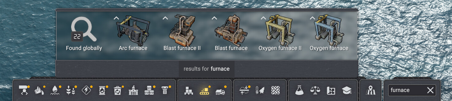 Type “furnace” into the search bar and, alongside the usual results from the build menu, you will now see a new entry called “found globally” which means the game found something on your island! You can click it to get the results.