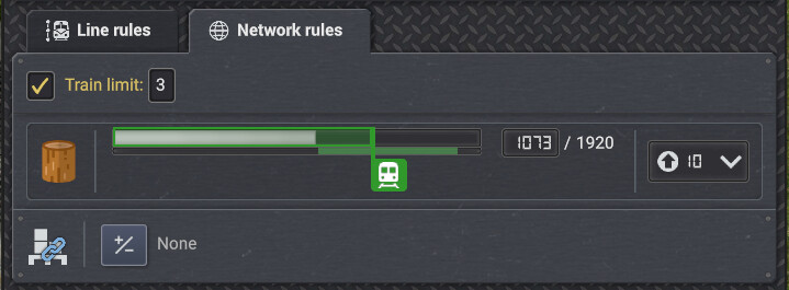 Wood unloading station that requests delivery via slider with train already on the way, shown as a green bar below the white quantity bar.