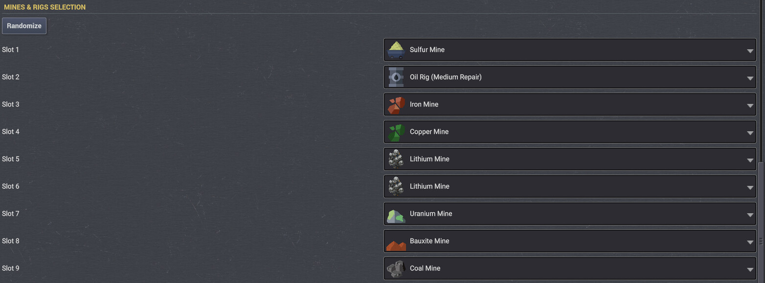 Mines and Rigs Selection
