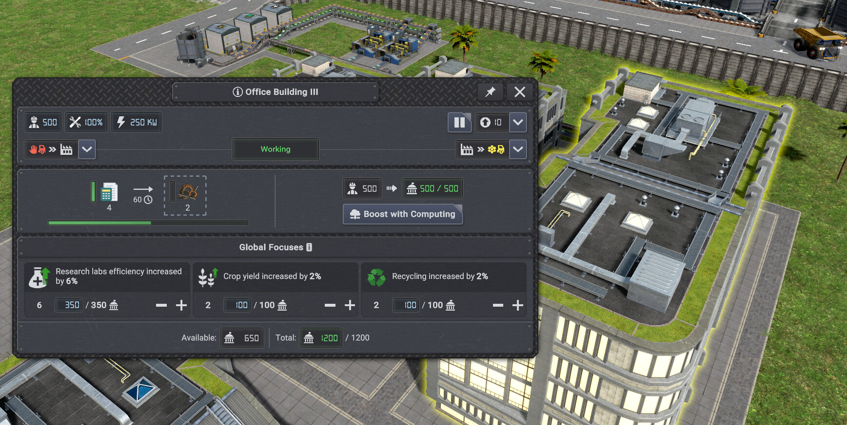 Office buildings share a central UI where you can apply focus points. Note that all values shown are provisional and will still be subject to balancing. There will also be more focuses available.