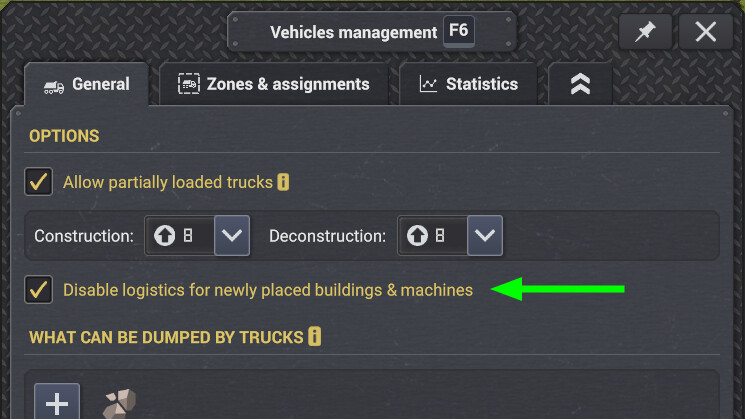 Disable logistics for newly placed buildings toggle can be found in the vehicles management window.