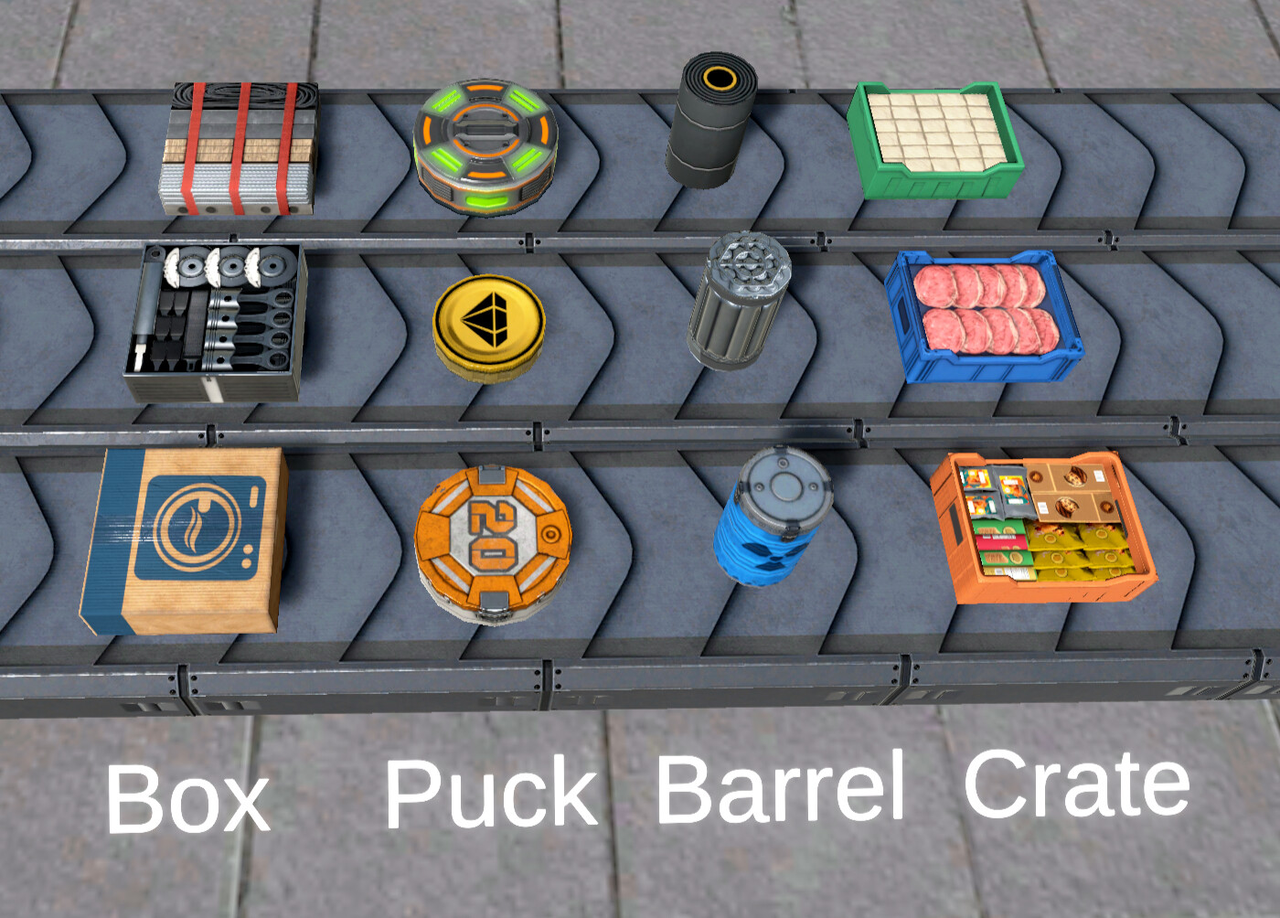 Example of four basic mesh families: box, puck, barrel, and crate. Mesh families are also moddable. Can you recognize all these products?