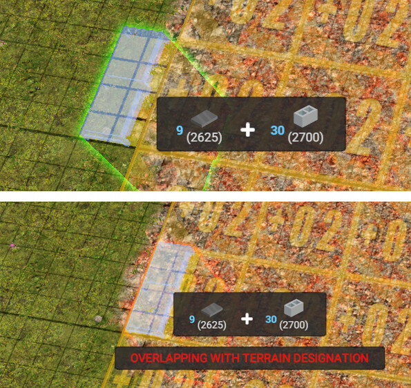 An alert message will appear if trying to place a wall over a previously designated zone and you will not be able to place the wall there