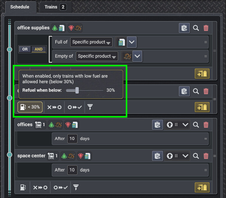 Customizable refuel threshold.