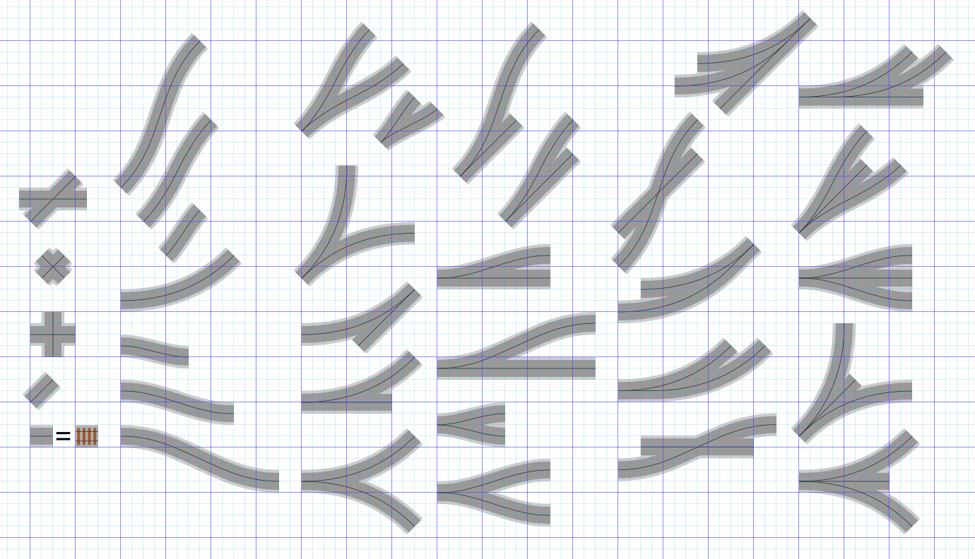 The initial set of discrete train track pieces for 8-way travel. The black line is the center curve that needs to start and end on a grid point. Track ties and rails are omitted for simplicity.
