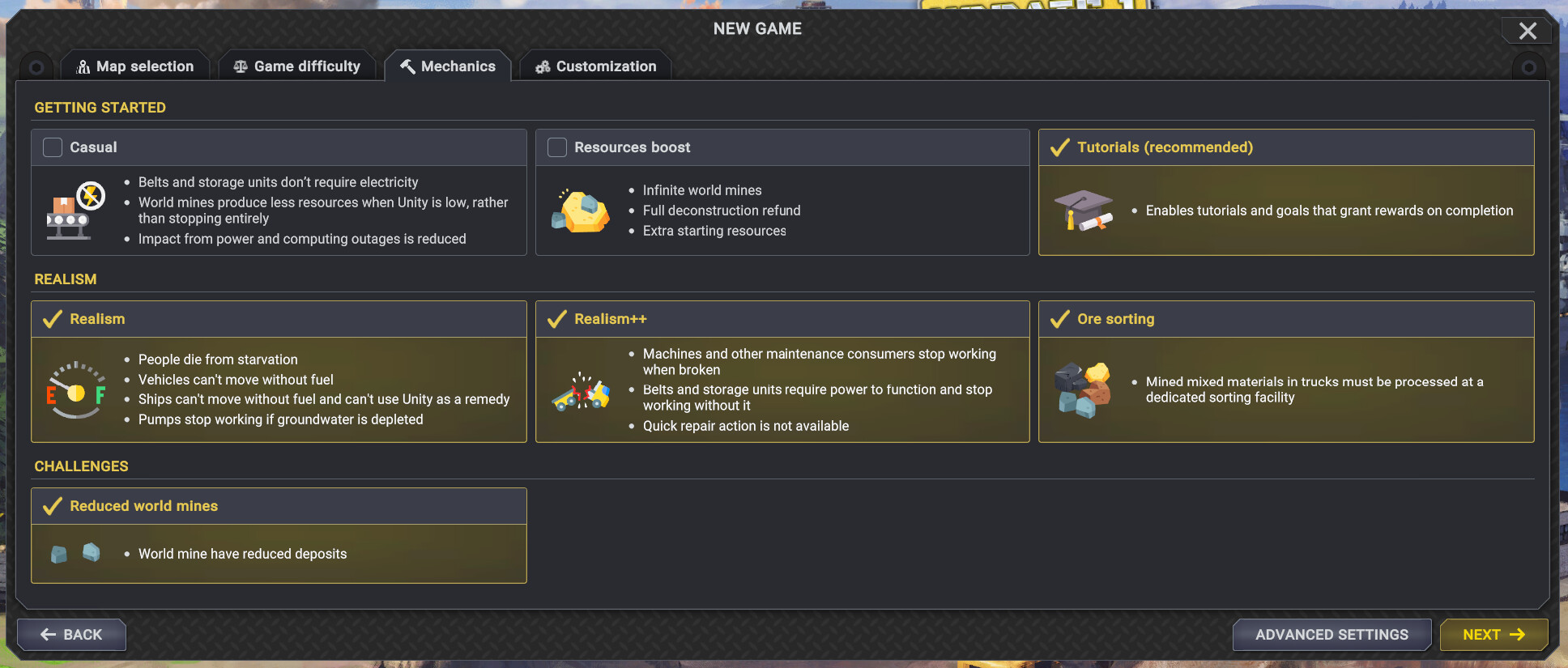 New mechanics screen for simple but powerful customization of your experience. This one shows the pre-selected options for Admirals.