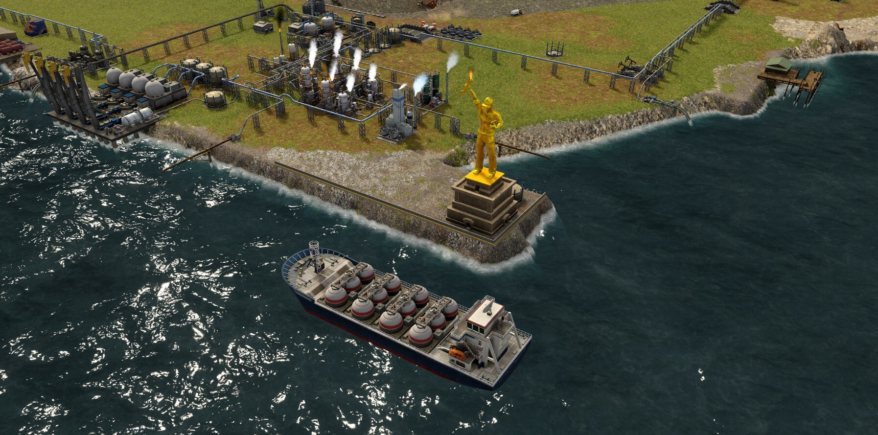 The golden version of statue of maintenance as it welcomes the arriving ship