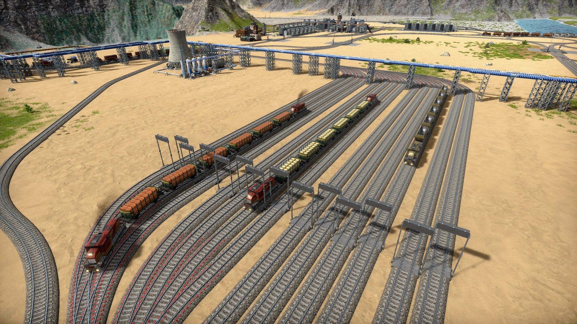A waiting bay with train waypoints utilizes space more efficiently.