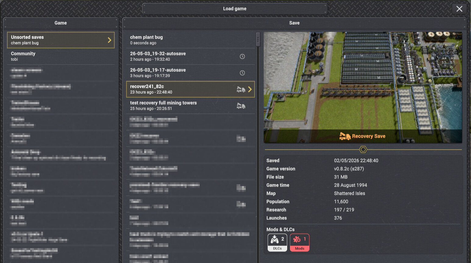 Load game window showing recovery save selected for loading.