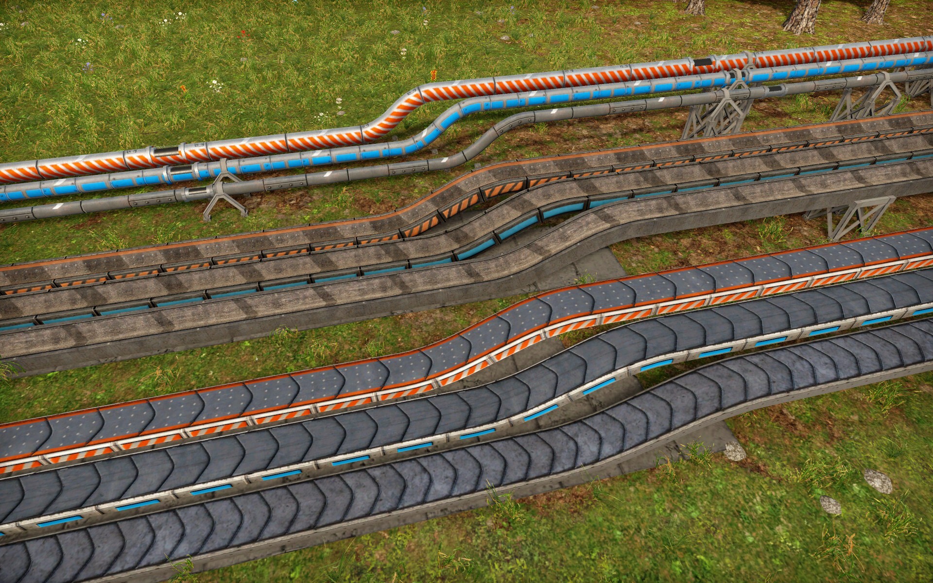 From front to back: tiers 1 through 3 of flat conveyors, u-shape conveyors, and pipes.
