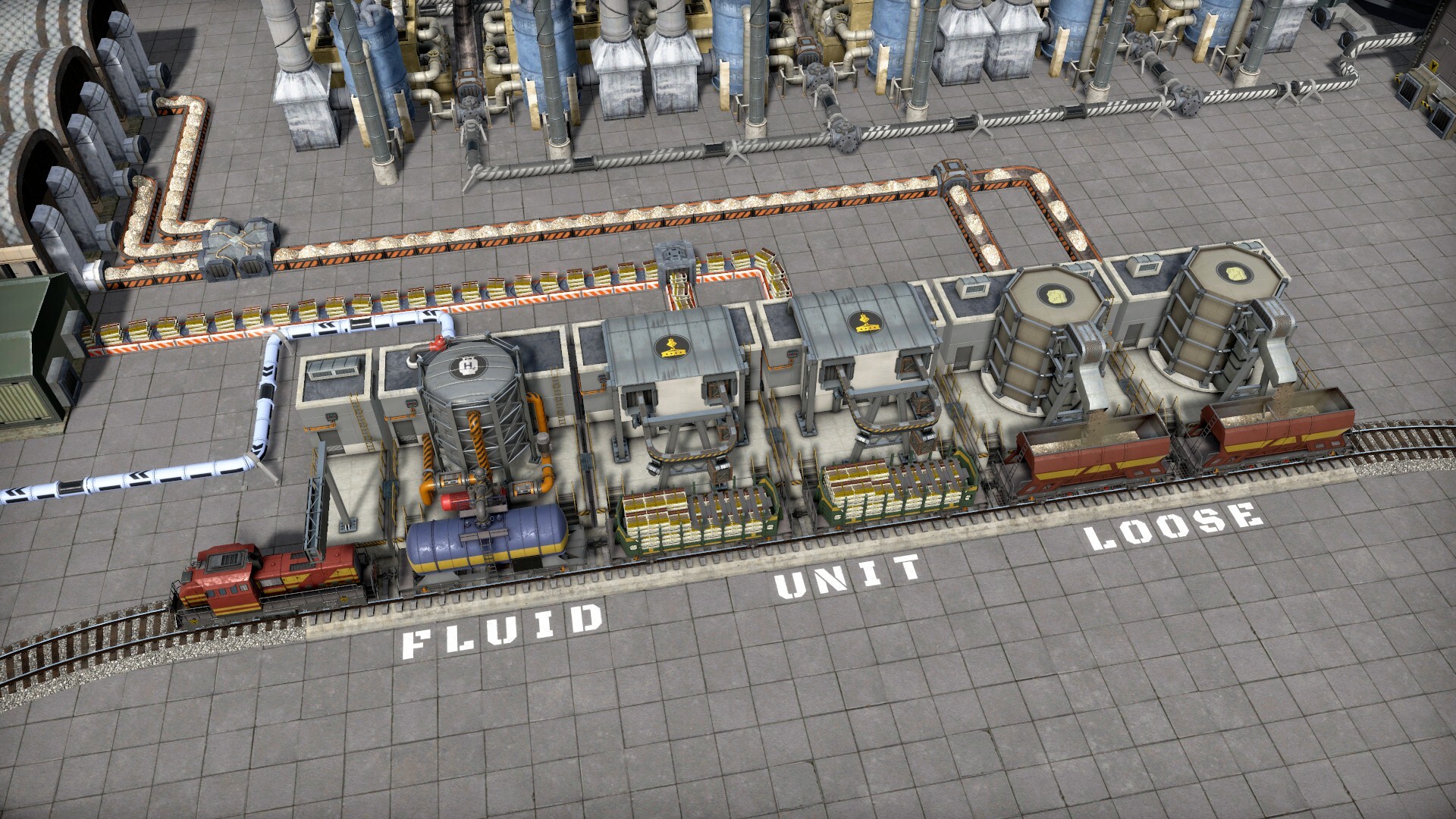 Train station with all three types of modules filling corresponding wagons with various materials.