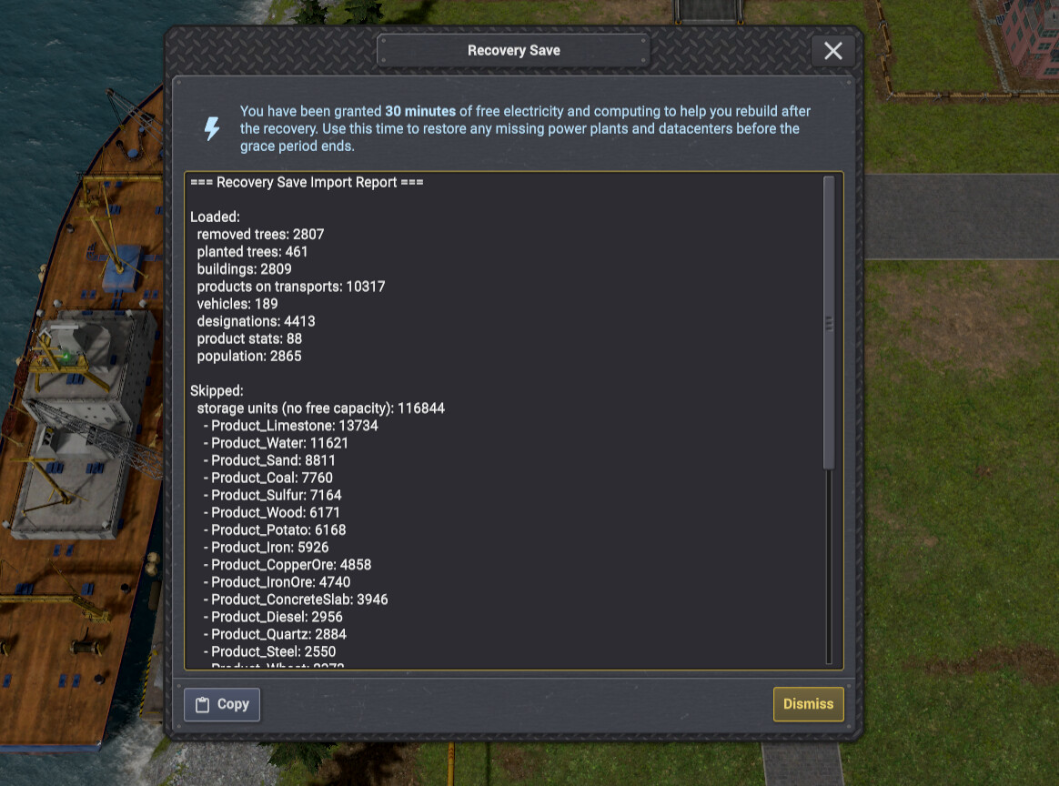Summary screen after loading a recovery save.