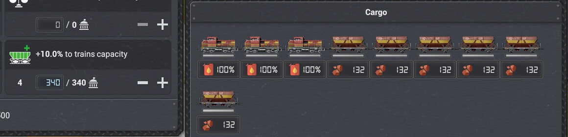 Screenshot showing train capacity focus on 4th level giving extra 10% to trains capacity.