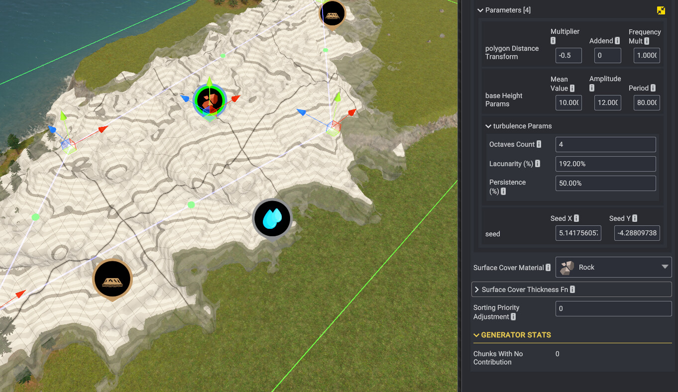 An example of advanced parameters that control the function defining a mountain shape. The white surface is a real-time preview of the mountain feature.