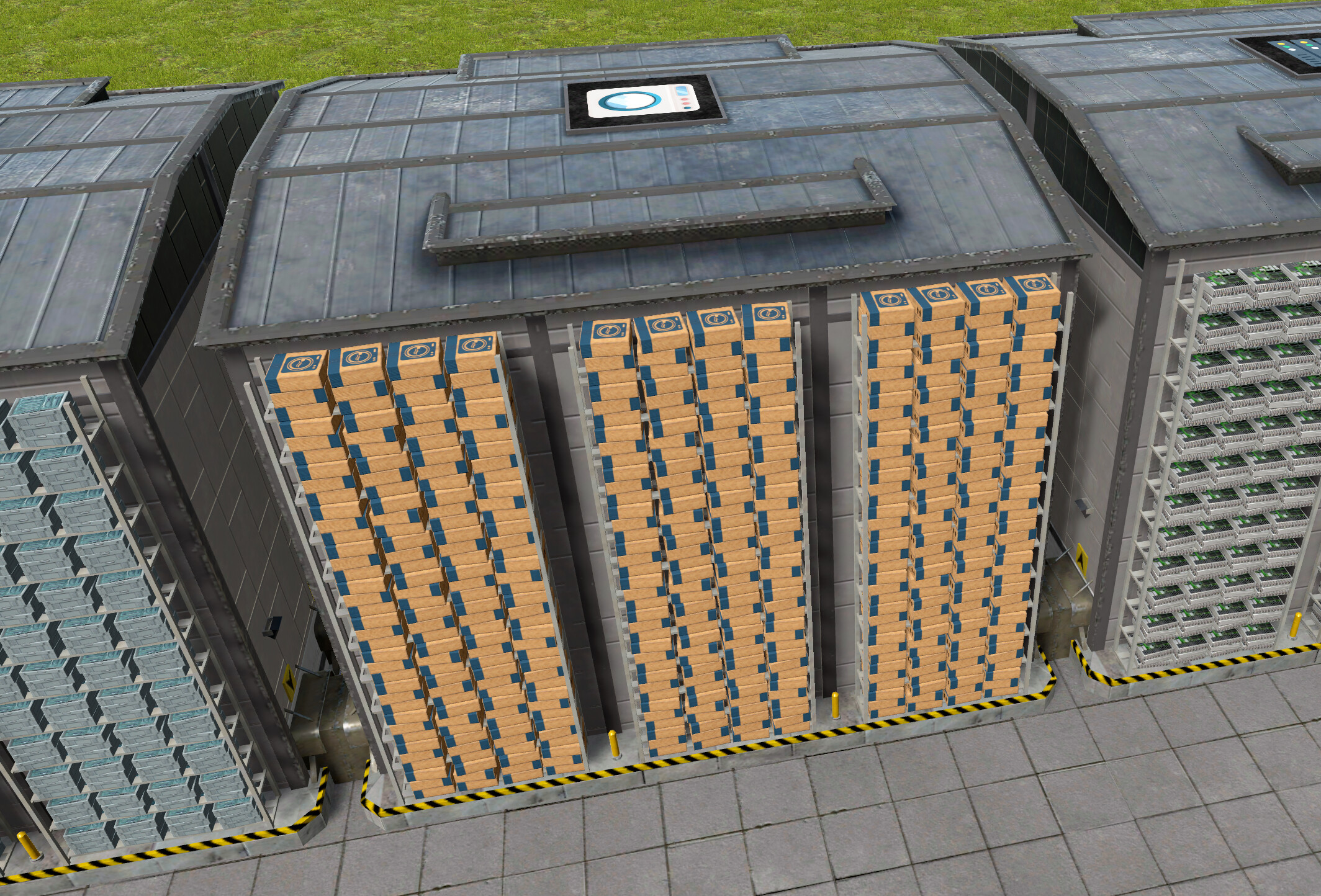 Full tier 4 unit storage, prominently showing stored products. Notice that each stack is slightly randomized for a more organic look.