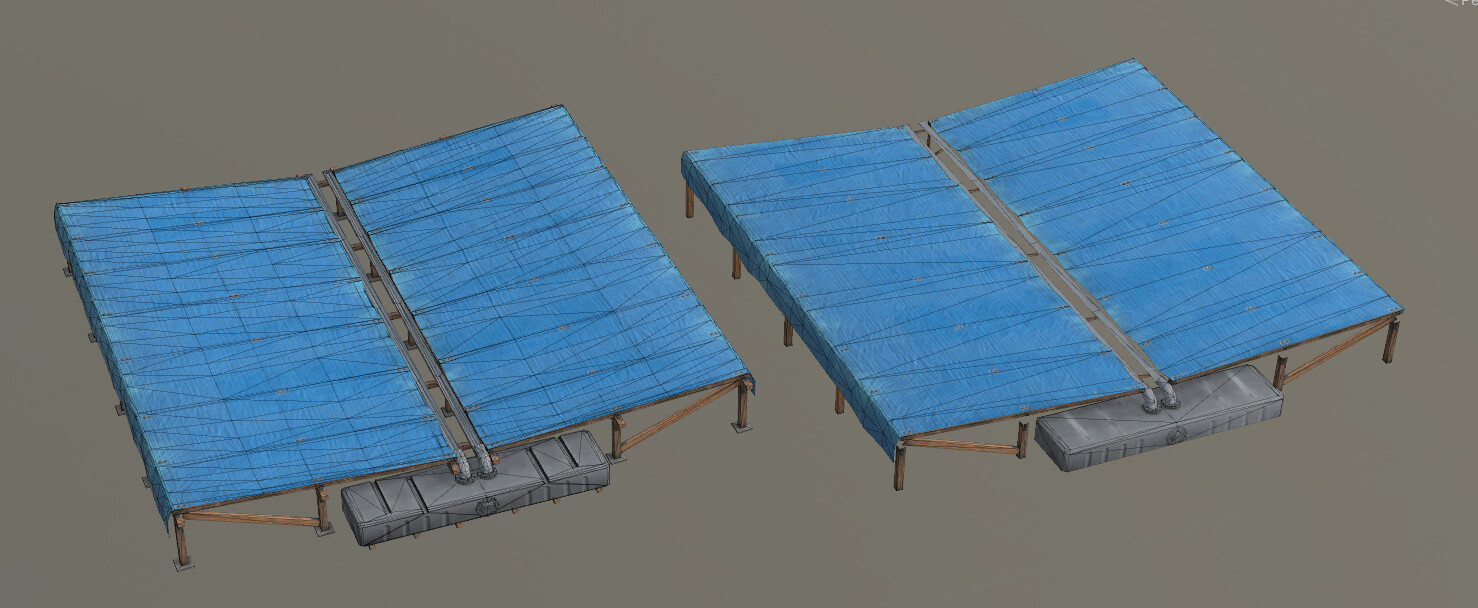 Example of LODs of the rainwater harvester. The original model (left) has 3734 triangles and the simplified model (right) has just 698.