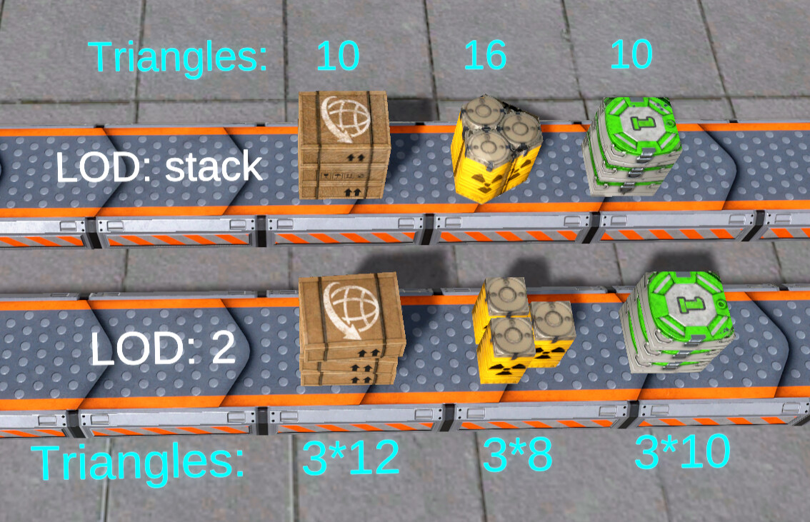 Examples of stack LODs for box, barrel, and puck mesh families.