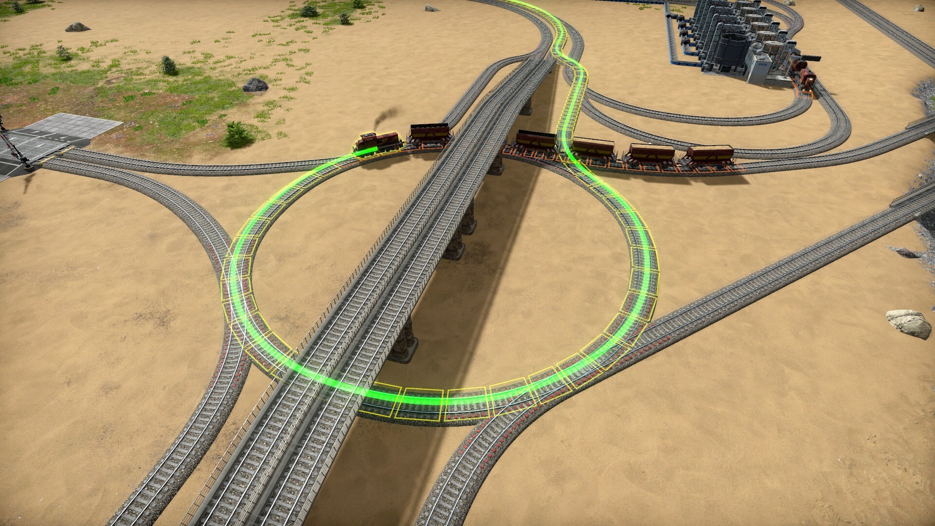 Despite the train having a self-intersecting path, it can proceed since it is short enough to not get stuck. This is the only case where two overlapping blocks can be reserved at the same time.