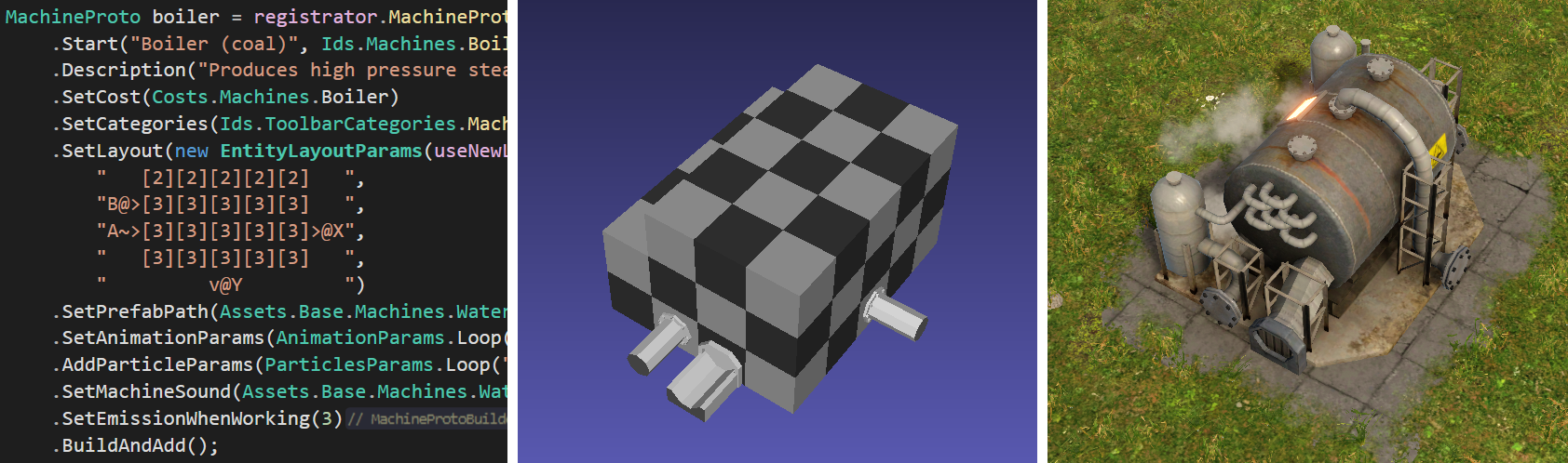 Example of a boiler model defined in code (left), exported 3D template (middle), and final 3D model (right).